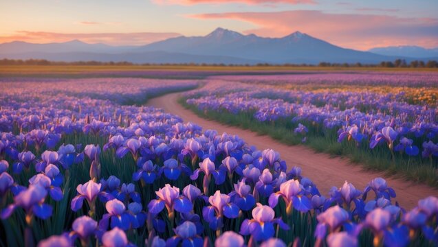 Field of Iris Pallida at Dawn with Mountains Behind
