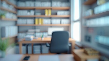 Out of focus view of a tidy home office arrangement with a desk in front of orderly shelves, ideal for boosting concentration and efficiency.