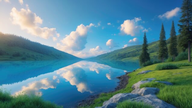Panoramic view of the blue reflective lake and crystal clear mountain waters with a narrow stony wild shoreline in the evergreen coniferous spruce forest with tall fluffy thorny fir trees, against a