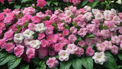 Fototapeta premium Natural background featuring blooming Impatiens flowers.
