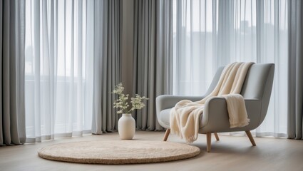 Fototapeta premium Elegant living room space complemented by light curtains