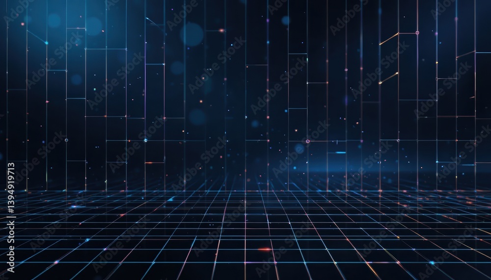 Poster dynamic digital grid visualization virtual space motion graphics futuristic environment perspective 