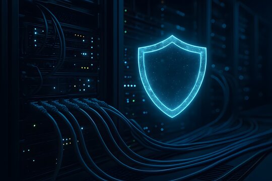 Futuristic Cybersecurity Shield in Dark Server Room with Blinking LEDs and Network Cables
