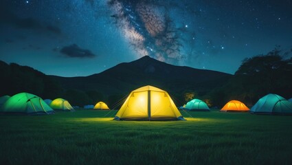 Stars shining over a brightly lit yellow camping tent at night