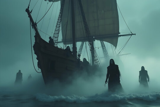 An eerie high resolution stock photo shows the Flying Dutchman ghost ship emerging from the misty ocean with spectral figures on the shore