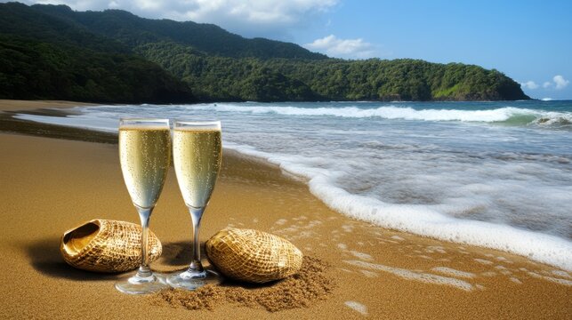 Two champagne flutes on a tropical beach with golden sand and turquoise water under a bright blue sky capturing a serene and celebratory atmosphere with lush green mountains
