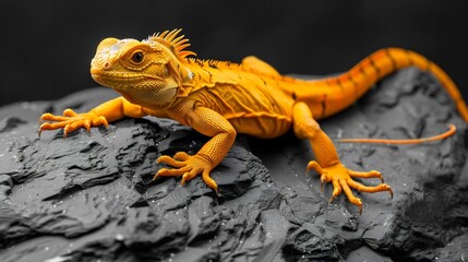 Obraz premium Golden yellow iguana basking on a black and white rock its scaly body absorbing the warmth of the sun in selective color photography