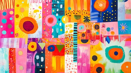 A cheerful collage of abstract patterns inspired by festive celebrations in bright vibrant colors 