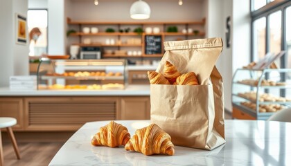 Paper craft bag for packaging bakery and confectionery products. Clean light brown craft mockup for applying information. Against the background of a bakery and confectionery store