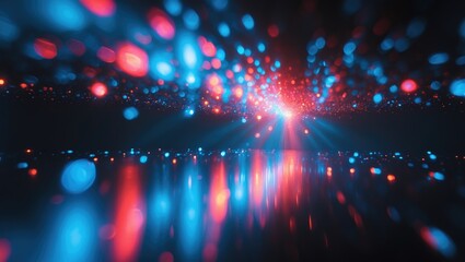 Overlay of blue light flare prism rainbow effects on a black backdrop, light refracting through crystals, rays from a prismatic sun catcher. Abstract dark background with blurred colorful bokeh lens