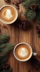 Warm Winter Morning Two Cups of Coffee Latte Art Pine Cones and Evergreen Branches on Rustic Wood Tabletop