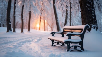 Extensive snow on park bench and trees. Significant snowfall.