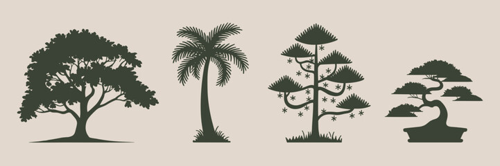 Obraz premium Illustrated tree icon set on beige background – Great for environmental education, tree identification tools, or plant-themed infographics