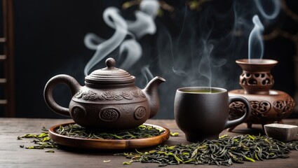 Obraz premium Background of dark Asian tea with a black iron teapot and green tea cup. Design space included. Authentic vintage style. Traditional tea ceremony display