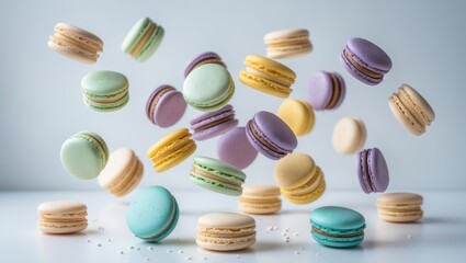 Obraz premium Different styles of macaroons in transit falling onto an isolated area. Numerous flavors and hues floating in an abstract setting.