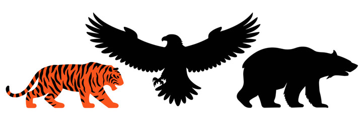 Silhouette animal icon set with tiger, eagle, bear, and shark &ndash; Perfect for wildlife, conservation, or animal-themed content