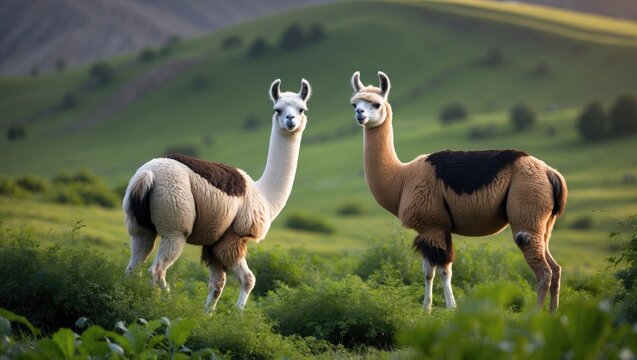 Pair of wild lamas trekking on the bushes