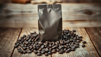 Silver craft bag for brown roasted coffee beans packaging. Clean mockup for information application. On the background of coffee beans on the table