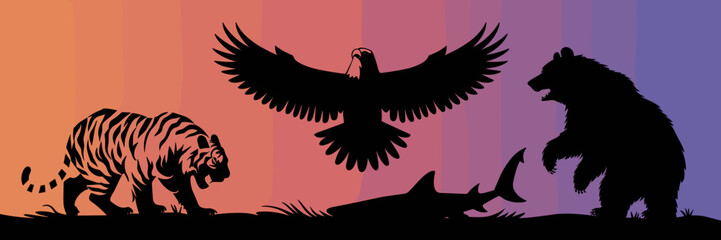 Obraz premium Silhouette of tiger, eagle, bear, and shark with vibrant gradient – Suitable for educational content, nature awareness campaigns, or wildlife branding