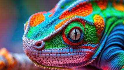 Fototapeta premium Intimate glimpse of Panther chameleon skin highlighting beautiful shades