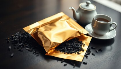 Golden craft bag for packaging green herbal taiga tea with medicinal plants. Clean mockup for applying information. Against the background of a tea party set on the table