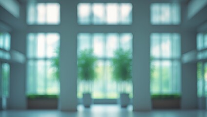 Interior view of blurred hotel or office lobby leading to reception hall, stylish modern white room space with hazy corridor and glass wall