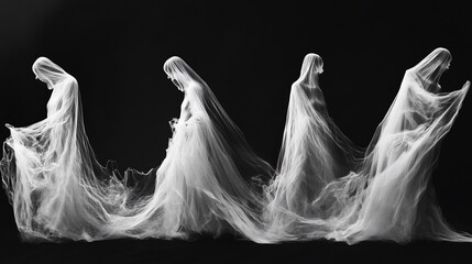 Fototapeta premium Ethereal apparitions in monochromatic veiled figures against somber canvas