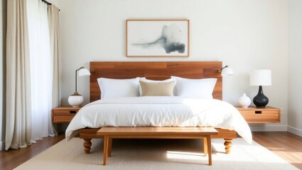 Stylish bedroom featuring a comfortable bed and an artistic painting on the wall creating a cozy and inviting atmosphere for rest and relaxation
