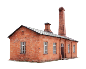 vintage factory building with brick walls and tall chimney stands isolated against transparency background, showcasing its rustic charm and historical significance