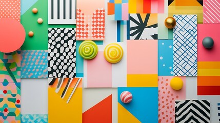 A cheerful collage of colorful patterns inspired by birthday celebrations set in a clean aesthetic 