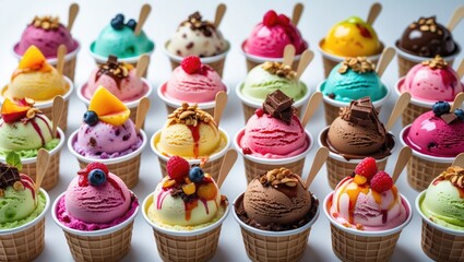 Selection of fruit ice creams with decorative scoops and ingredients in an ice cream cup set on a white background. Front view.