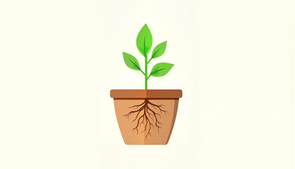 Green plant with roots in a brown pot
