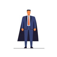 Businessman in a suit with a superhero cape, symbolizing leadership and empowerment, standing confidently on a white isolated background.