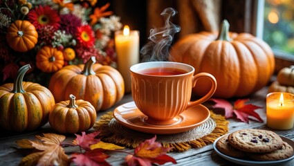 An orange tea cup surrounded by autumn decorations, including pumpkins, flowers, and candles on a table
