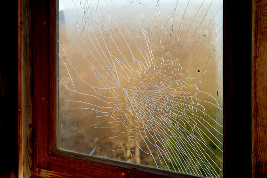 Broken window with intricate spiderweb-like cracks against a blurred outdoor scene. Germany