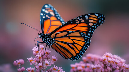 Photography highlighting the vivid orange and black patterns of a monarch butterfly, its wings spread wide as it rests on a milkweed plant.