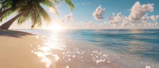 Serene tropical beach paradise with palm trees and sparkling ocean at sunset creating a peaceful and relaxing vacation atmosphere