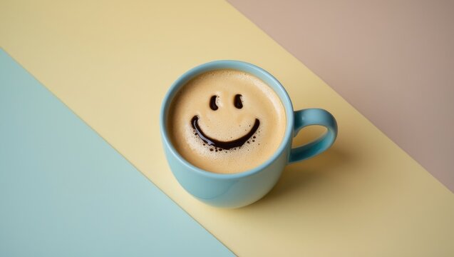 Delicious hot coffee cup with foam and a smile on colorful background, overhead view. Joyful morning, positive vibes, motivation