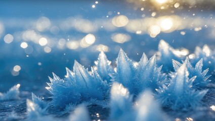 Macro image of miniature ice crystals shining in sunlight with selective emphasis.
