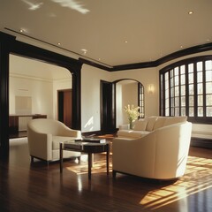A photograph of an elegant living room in the  of Art Deco