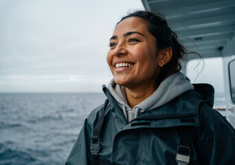 Young woman marine biologist smiling while enjoying a sea trip on a research vessel
