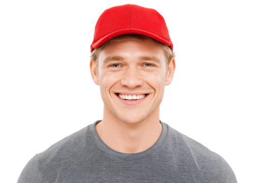  smiling man wearing red cap isolated on transparent white background