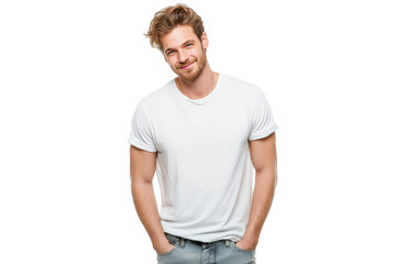 Fototapeta premium Handsome man wearing plain white t-shirt and jeans, hands in pocket and smiling isolated on transparent white background