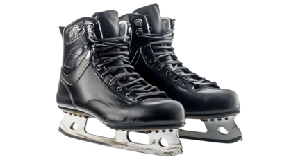 Pair of black hockey skates with sharp blades,