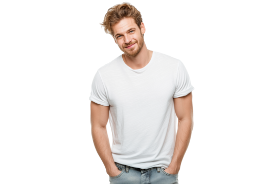 Handsome man wearing plain white t-shirt and jeans, hands in pocket and smiling isolated on transparent white background
