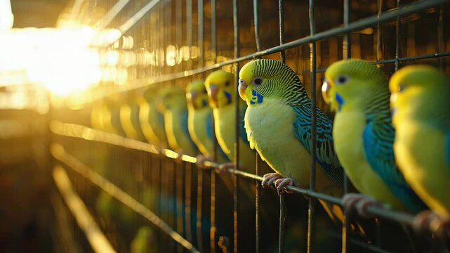 Colorful Budgerigars in a Cage During Golden Hour Sunlight