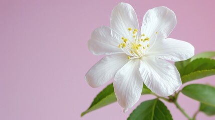 A beautiful white flower with yellow stamen and green leaves on a pink background.
