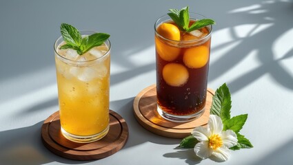 Crisp iced tea: a chilled beverage served with ice, offering a hint of sweetness and citrus, perfect for a rejuvenating sip.