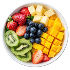 A vibrant and nourishing fruit bowl featuring an assortment of sliced strawberries blueberries kiwi mango and pineapple offering a delightful and nutritious snack or meal