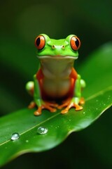 Naklejka premium Vibrant Green Frog with Striking Orange Accents Perched on a Dew-Kissed Leaf